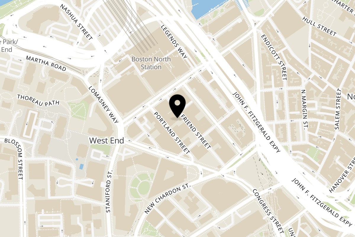 Map showing the location of Overtime Pizza on 252 Friend St in Boston